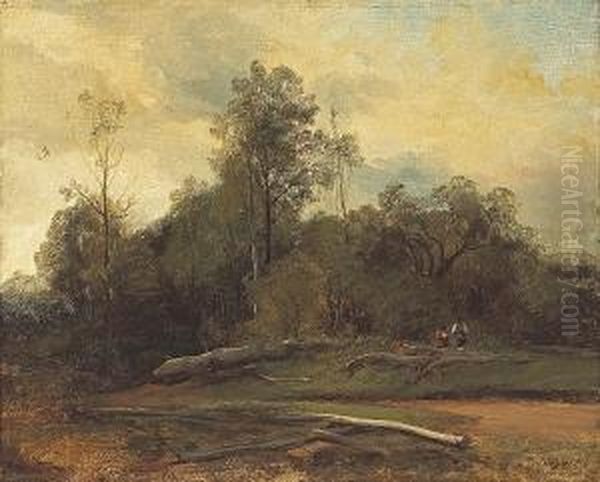 A Wooded Landscape With Figures Resting By Aroad Oil Painting by Jules Louis Phillipe Coignet