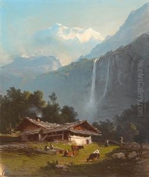 A View Of Staubach Falls, Lauterbrunnen,switzerland Oil Painting by Jules Louis Phillipe Coignet