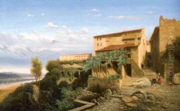 Village De La Vallee Du Tibre Oil Painting by Jules Louis Phillipe Coignet