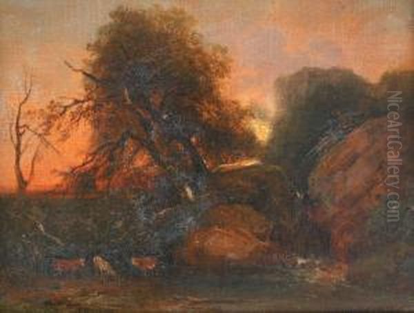 Troupeau Au Coucher Du Soleil Oil Painting by Jules Louis Phillipe Coignet