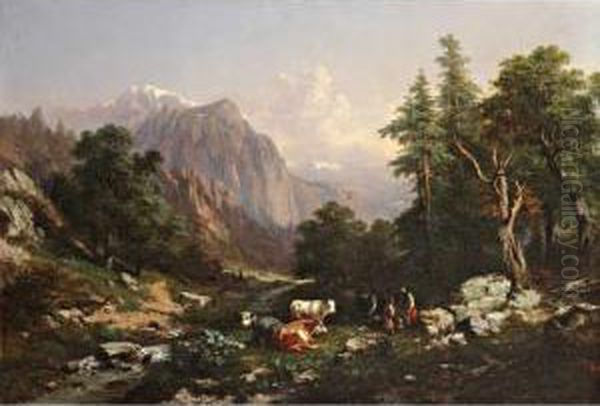 Paturage Dans Unevallee Des Alpes Oil Painting by Jules Louis Phillipe Coignet