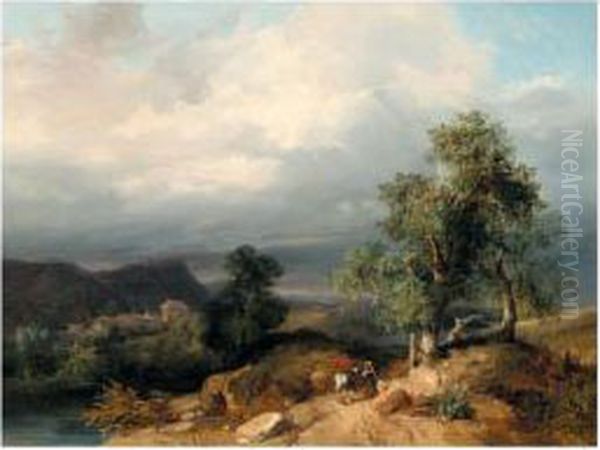 Italianate Landscape With A Woman And A Rider Oil Painting by Jules Louis Phillipe Coignet