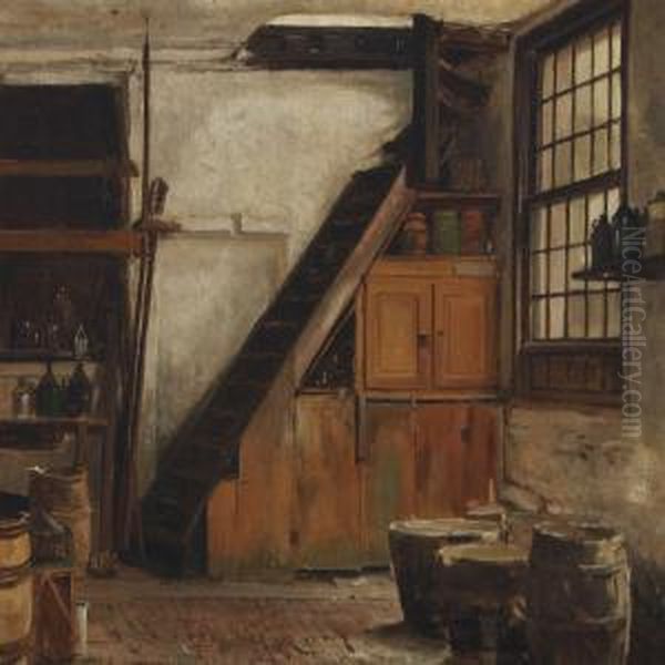 Cellar Interior With A Window, Staircase And Barrels Oil Painting by Jan David Col