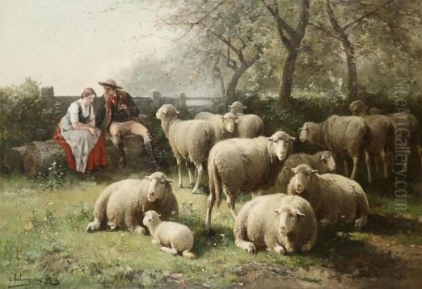 Farmer And Farmer's Wife With Sheep Oil Painting by Jan David Col