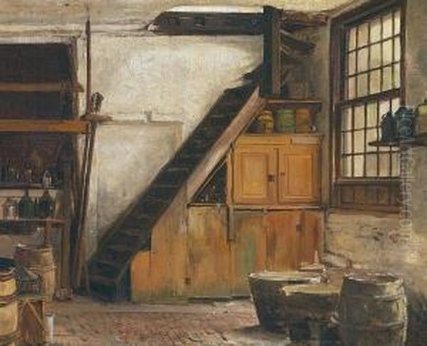 Ascribed To: Cellar Interior With A Window, Staircase And Barrels Oil Painting by Jan David Col