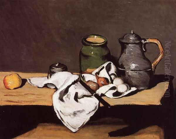 Still Life with Green Pot and Pewter Jug Oil Painting by Paul Cezanne