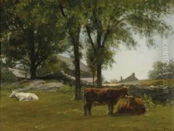 New England Farm With Cattle Resting Oil Painting by Joseph Foxcroft Cole