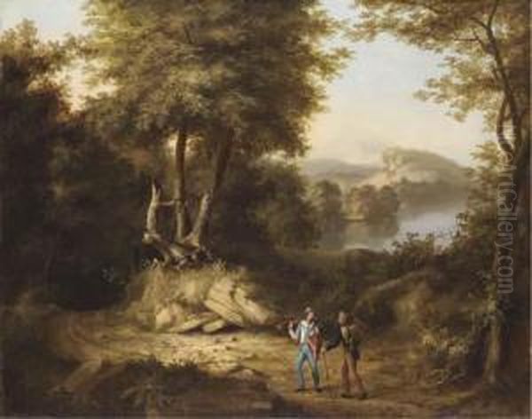 Hunters In A Landscape Oil Painting by Thomas Cole