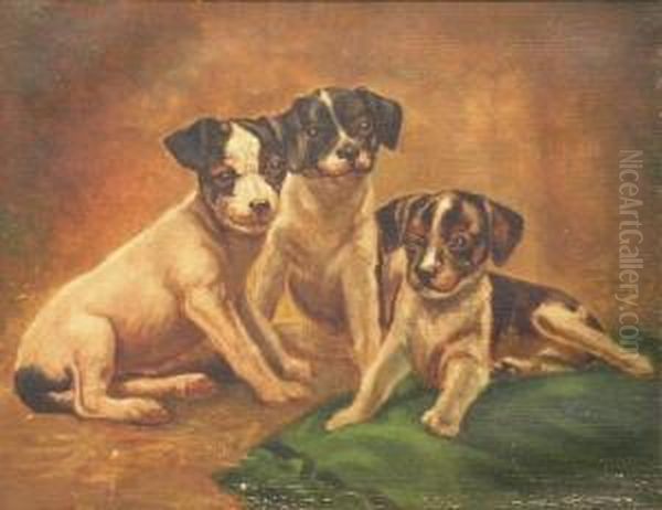 Three Puppies Oil Painting by A. Coleman