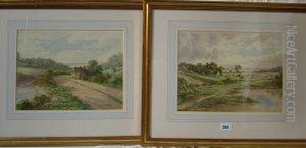 Country Landscapes With Cottages, River And A Lake Oil Painting by Alfred Coleman