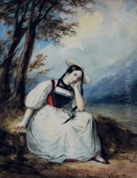 Swiss Peasant Girl Resting By A Tree Oil Painting by Alexandre-Marie Colin