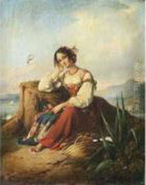  Jeune Femme D'ischia Pensive, Devant Le Golfe De Naples  Oil Painting by Alexandre-Marie Colin