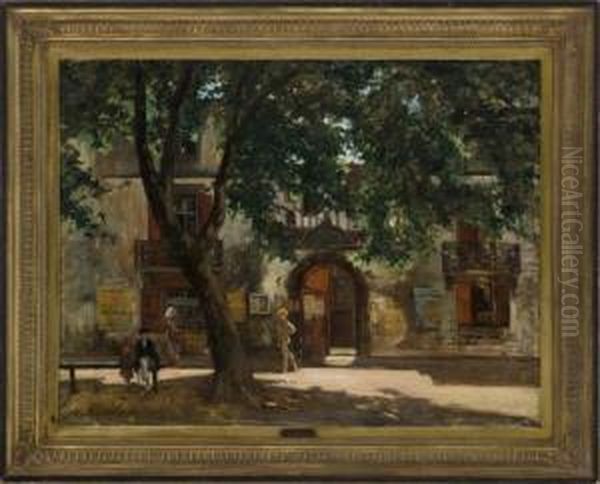 French Street Scene With Figures Sittingin Shade. Oil Painting by Gustave Colin