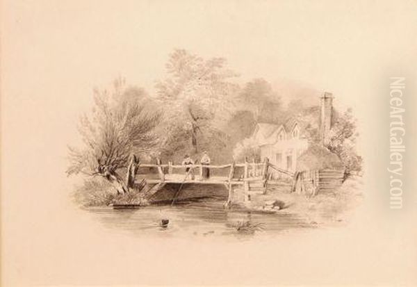 Figures Fishing From A Bridge With Cottage Beyond Oil Painting by Samuel David Colkett