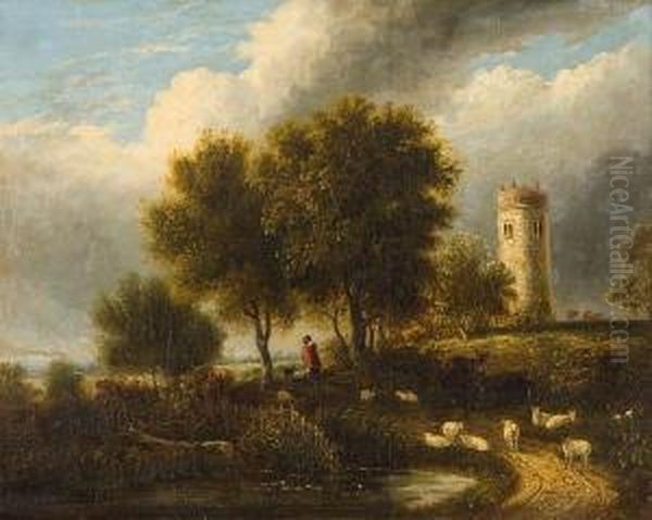 Whitlingham Church Overlooking The Valley Ofthe Yare Oil Painting by Samuel David Colkett