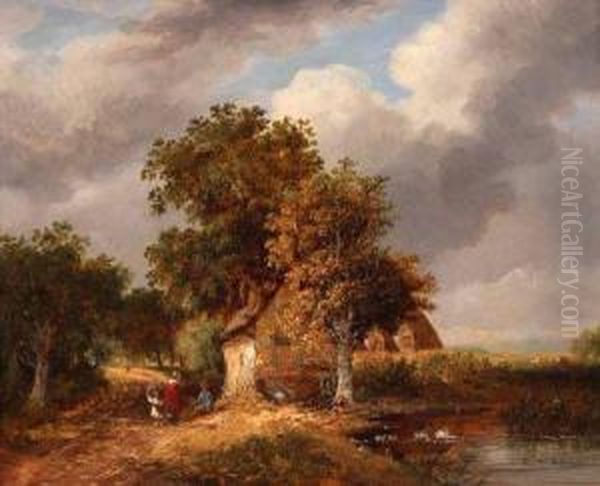 Country Landscape With Figures By A Cottage Oil Painting by Samuel David Colkett