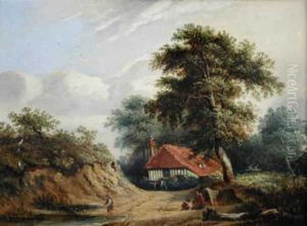 A Gypsy Family With A Fisherman Fishing Outside A Cottage Oil Painting by Samuel David Colkett