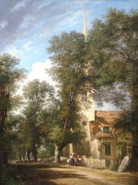 1863- Figures By A Church With Woodland Oil Painting by Samuel David Colkett