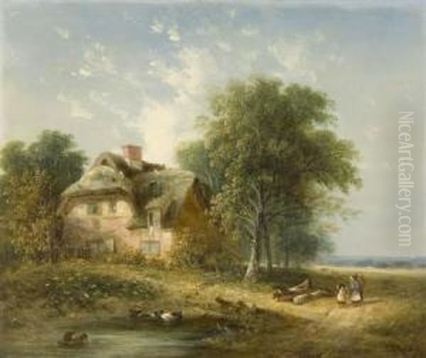 Figures Before A Thatched Farmhouse Oil Painting by Samuel David Colkett