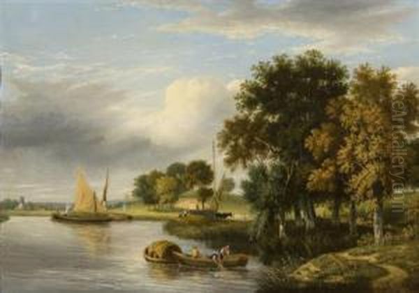 Taking In The Eel Traps On A Norfolk River Oil Painting by Samuel David Colkett