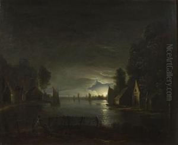 Estuary Scene By Moonlight Oil Painting by Samuel David Colkett