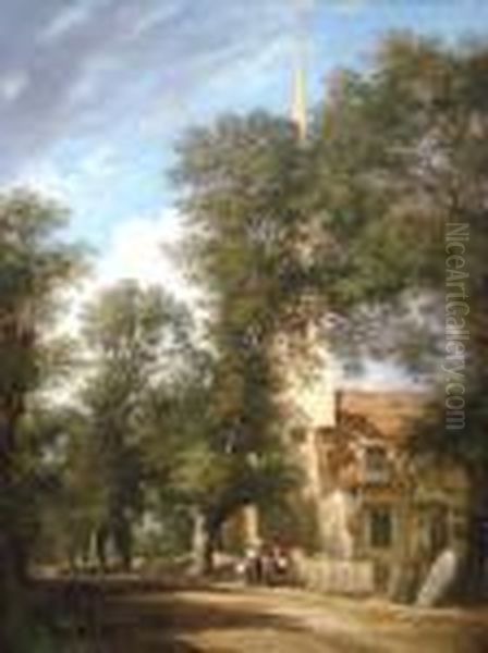 Figures By A Church With Woodland Oil Painting by Samuel David Colkett