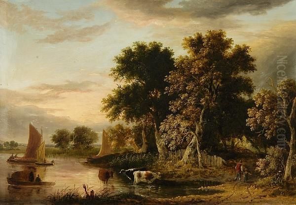 A River Landscape With Figures And Cattle Nearsmall Craft Oil Painting by Samuel David Colkett