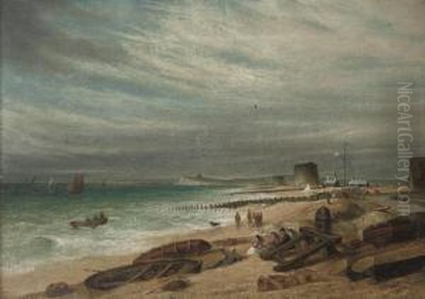 Figures In An Onshore Breeze, On
 The Beach At Walmer (illustrated); And Salvaging The Wreck Oil Painting by Samuel David Colkett