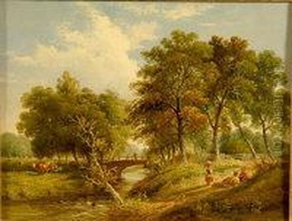 East Anglian River Landscape Scene With Figures Resting And Cattle Grazing Oil Painting by Samuel David Colkett