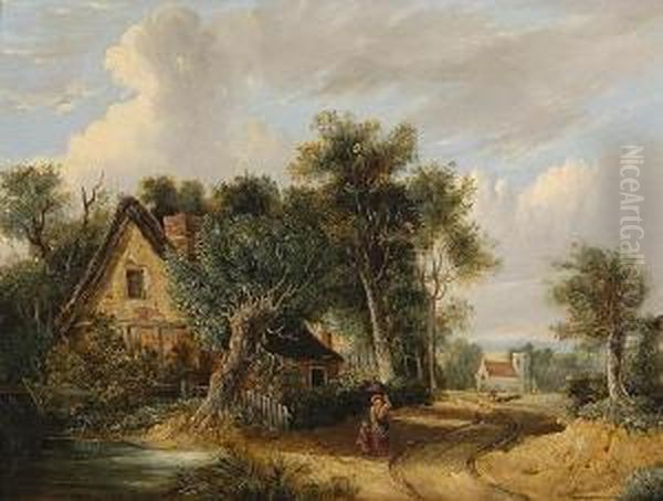 Figures Before A Woodland Cottage, A Church Beyond. Oil Painting by Samuel David Colkett