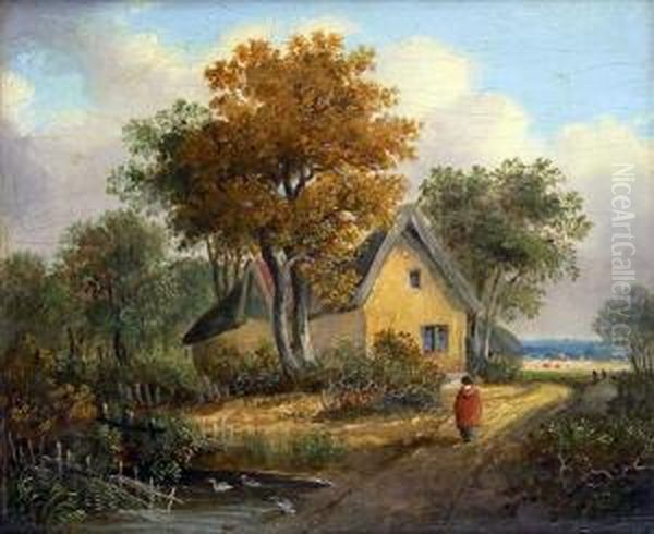 Homeward Bound, Figure Approaching A Cottage On A Poolside Path Oil Painting by Samuel David Colkett