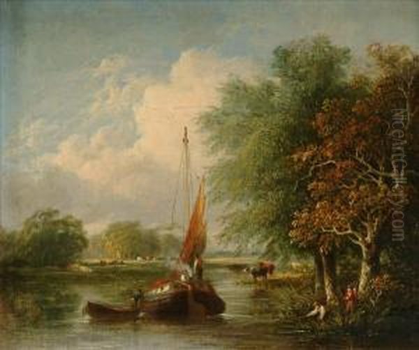 Figures On Asailing Barge In A River Landscape Oil Painting by Samuel David Colkett