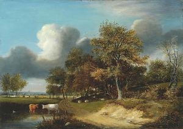 Cattle Watering By A Woodland Path Oil Painting by Samuel David Colkett