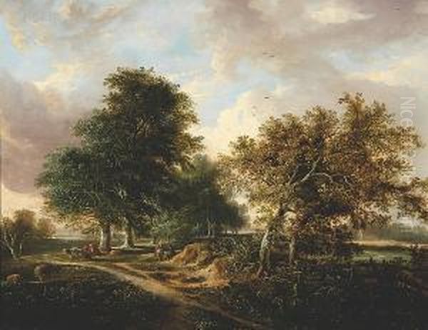 Landscape With Sheep And Cattle, Possibly The Yare Valley Oil Painting by Samuel David Colkett