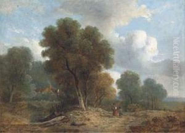 Figures On A Wooded Track, A Cottage Beyond Oil Painting by Samuel David Colkett