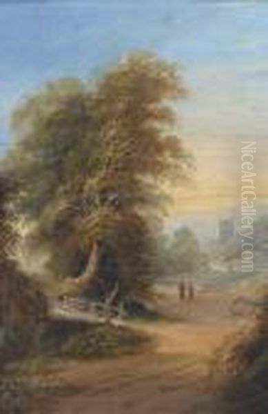 Figures On A Wooded Track With A Church Tower Beyond Oil Painting by Samuel David Colkett