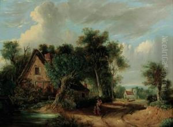 A Wooded River Landscape With Figures Before A Cottage Oil Painting by Samuel David Colkett