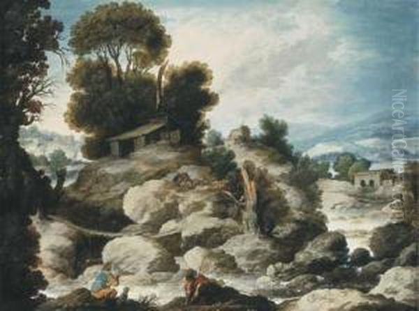 A Rocky River Landscape With Fishermen And Shepherds Resting Withtheir Flock Oil Painting by Francisco Collantes