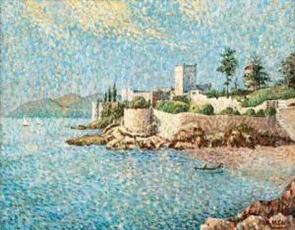 Boats Off A Fortified Town Oil Painting by Auguste Michel Colle