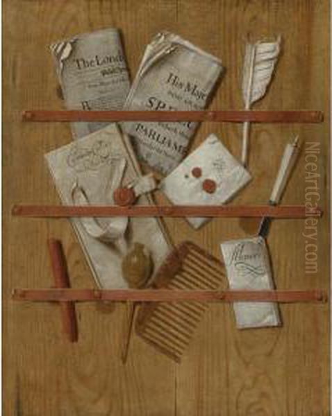 Trompe L'oeil Still Life Of A Letter Rack Oil Painting by Edwart Collier