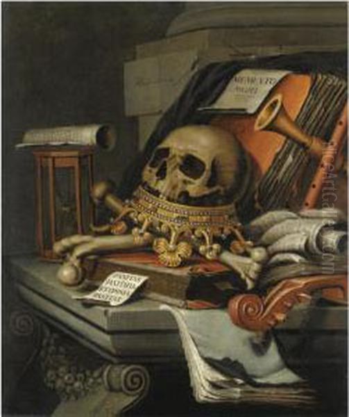 A Vanitas Still Life With A 
Skull Surmounting A Crown, Books, Scrolls, An Hour-glass, A Violin And 
Other Musical Instruments, All Resting Upon A Stone Ledge Oil Painting by Edwart Collier