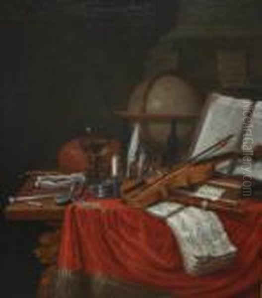 Musical Instruments, Watch, 
Roemer Of Wine, Globe, Open Book And Clay Pipe On A Cloth Covered Table Oil Painting by Edwart Collier