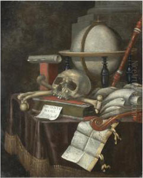 A Vanitas Still Life With A 
Globe, A Skull And Other Human Bones,musical Instruments And Several 
Books All Aranged On A Drapedtable Oil Painting by Edwart Collier