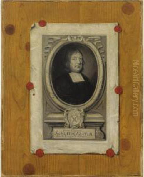 An Engraved Portrait Of Samuel Slater Attached To A Panelled Wall With Red Laquer Oil Painting by Edwart Collier