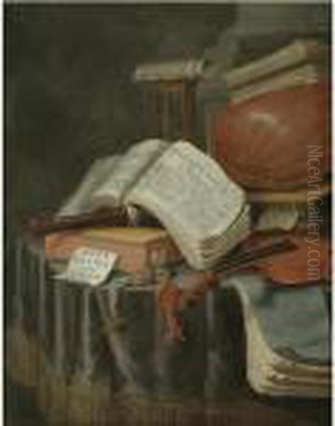 A Vanitas Still Life With Books 
And Manuscripts, A Recorder, A Lute, A Violin, An Hourglass And A 
Compass, All On A Draped Table Oil Painting by Edwart Collier