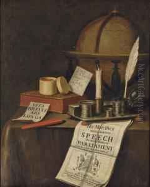 A Vanitas Still-life With A 
Globe, An Inkstand, A Candle, A Pot Of Seals, A Book And A Manuscript On
 A Draped Table Oil Painting by Edwart Collier