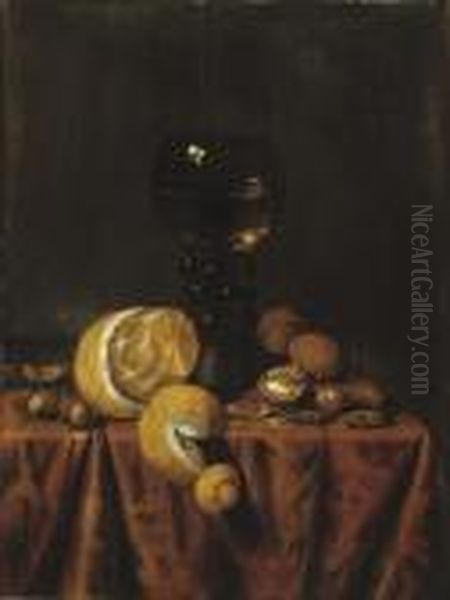 A 'roemer' Of White Wine, A 
Partially Peeled Lemon, Walnuts And Hazelnuts, All On A Draped Table Oil Painting by Edwart Collier