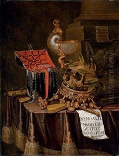 A Vanitas Still-life With A 
Chest Of Jewels, A Nautilus Cup, An Upturned Crown And A Skull Resting 
On The Top With A Note \'nemoante Mortem Beatus Dici.potest\', And Other
 Objects On A Draped Table Oil Painting by Edwart Collier