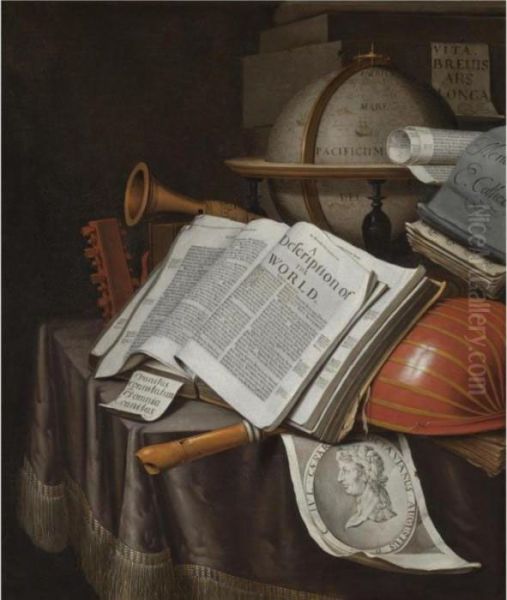 A Vanitas Still Life With A 
Globe And An Atlas Open On Draped Table Along With A Lute And An 
Engraving Of Caesar Octavianus Augustus Oil Painting by Edwart Collier