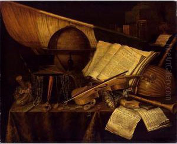 A Vanitas Still Life With Books
 And Leaflets, A Globe, A Princely Flag, A Musical Score, Musical 
Instruments, A Jewellery Box, An Hourglass, All On A Draped Table 
Together With A Silver Tazza, Coins, A Watch, And A Purse Oil Painting by Edwart Collier